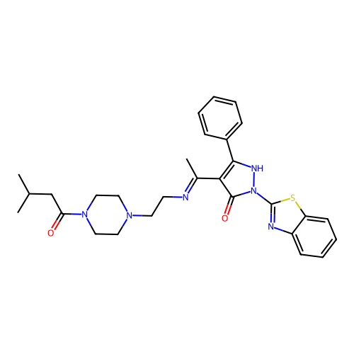 (4Z)-2-(1,3-benzothiazol-2-yl)-4-[1-({2-[4-(3-methylbutanoyl)piperazin-1-yl]ethyl}amino)ethylidene]-5-phenyl-2,4-dihydro-3H-pyrazol-3-one structure