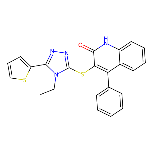 3-{[4-ethyl-5-(thiophen-2-yl)-4H-1,2,4-triazol-3-yl]sulfanyl}-4-phenylquinolin-2(1H)-one structure