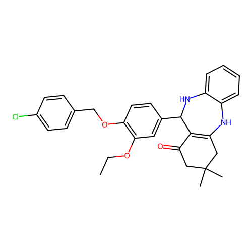 11-(4-((4-chlorobenzyl)oxy)-3-ethoxyphenyl)-3,3-dimethyl-2,3,4,5,10,11-hexahydro-1H-dibenzo[b,e][1,4]diazepin-1-one structure