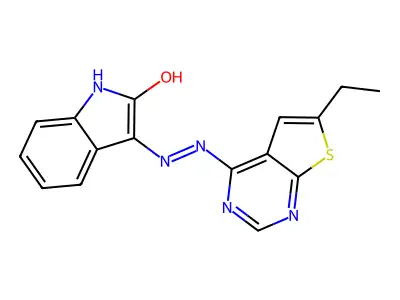 3-[(6-Ethyl-4-thieno[2,3-d]pyrimidinyl)hydrazo]-2-indolone structure