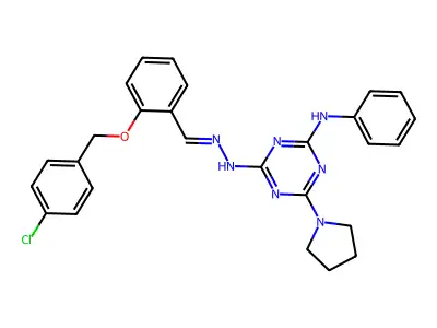 (E)-4-(2-(2-((4-chlorobenzyl)oxy)benzylidene)hydrazinyl)-N-phenyl-6-(pyrrolidin-1-yl)-1,3,5-triazin-2-amine structure