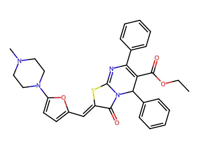 Ethyl 2,3-dihydro-2-[[5-(4-methyl-1-piperazinyl)-2-furanyl]methylene]-3-oxo-5,7-diphenyl-5H-thiazolo[3,2-a]pyrimidine-6-carboxylate structure