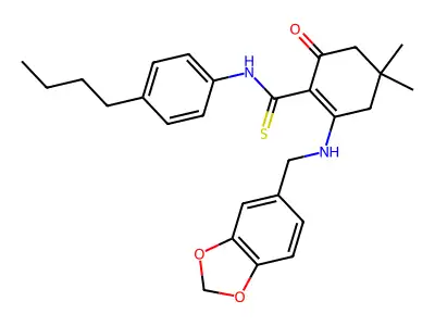 2-(1,3-benzodioxol-5-ylmethylamino)-N-(4-butylphenyl)-4,4-dimethyl-6-oxocyclohexene-1-carbothioamide structure