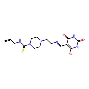 N-(prop-2-en-1-yl)-4-(2-{[(2,4,6-trioxotetrahydropyrimidin-5(2H)-ylidene)methyl]amino}ethyl)piperazine-1-carbothioamide structure