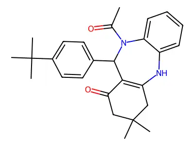 10-acetyl-11-(4-tert-butylphenyl)-3,3-dimethyl-2,3,4,5,10,11-hexahydro-1H-dibenzo[b,e][1,4]diazepin-1-one structure