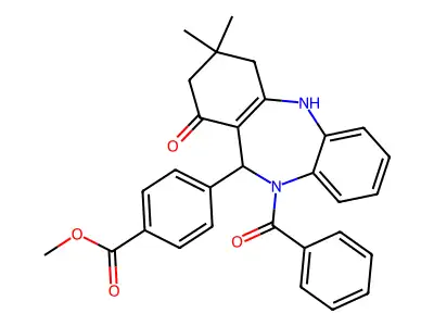 methyl 4-(10-benzoyl-3,3-dimethyl-1-oxo-2,3,4,5,10,11-hexahydro-1H-dibenzo[b,e][1,4]diazepin-11-yl)benzoate structure