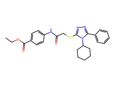 Ethyl 4-[2-(4-cyclohexyl-5-phenyl-1,2,4-triazol-3-ylthio)acetylamino]benzoate structure