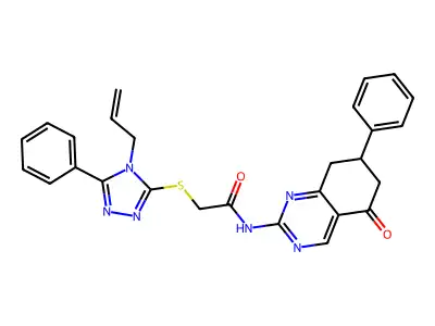 2-[(4-allyl-5-phenyl-4H-1,2,4-triazol-3-yl)thio]-N-(5-oxo-7-phenyl-5,6,7,8-tetrahydroquinazolin-2-yl)acetamide structure
