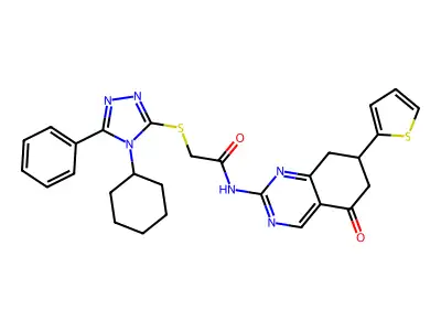 2-[(4-cyclohexyl-5-phenyl-4H-1,2,4-triazol-3-yl)sulfanyl]-N-[5-oxo-7-(thiophen-2-yl)-5,6,7,8-tetrahydroquinazolin-2-yl]acetamide structure
