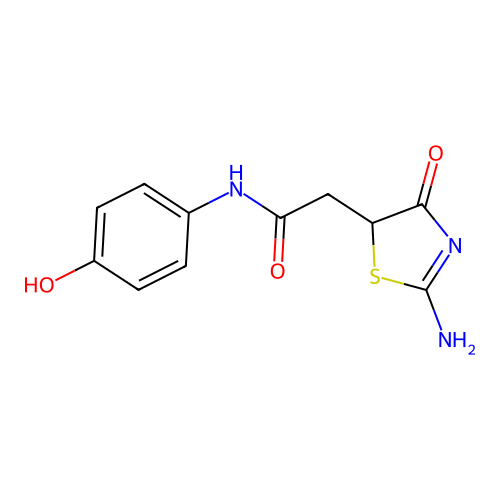 N-(4-hydroxyphenyl)-2-(2-imino-4-oxothiazolidin-5-yl)acetamide structure