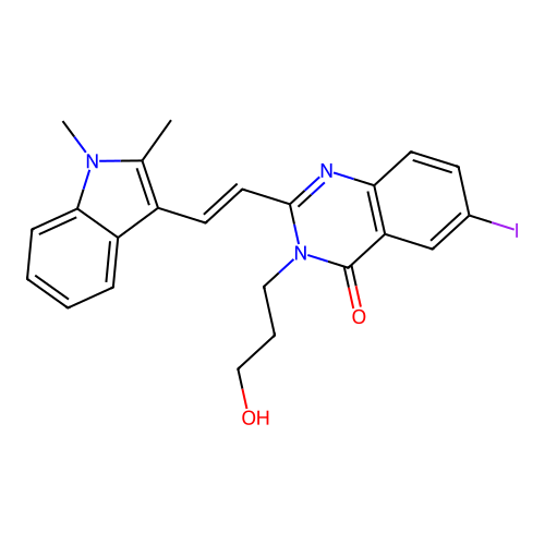 2-[(E)-2-(1,2-dimethylindol-3-yl)ethenyl]-3-(3-hydroxypropyl)-6-iodoquinazolin-4-one structure