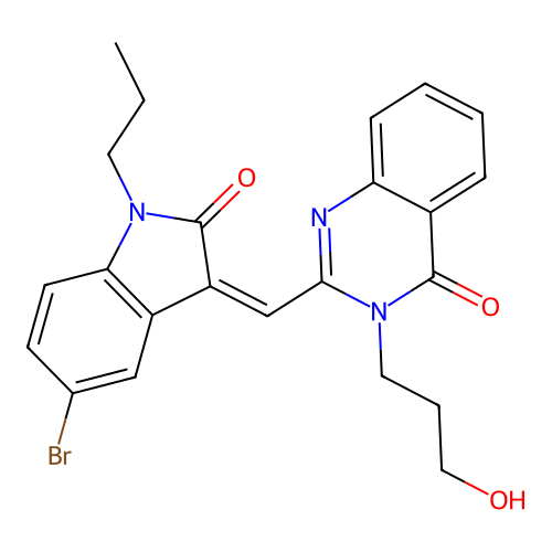 2-[(5-bromo-2-oxo-1-propyl-indol-3-ylidene)methyl]-3-(3-hydroxypropyl)quinazolin-4-one structure