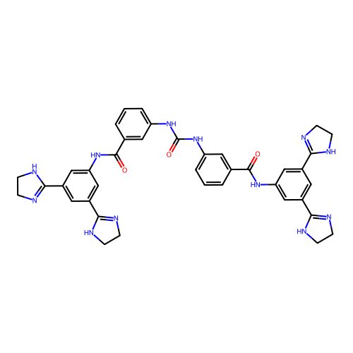 N-[3,5-bis(4,5-dihydro-1H-imidazol-2-yl)phenyl]-3-[[3-[[3,5-bis(4,5-dihydro-1H-imidazol-2-yl)phenyl]carbamoyl]phenyl]carbamoylamino]benzamide structure