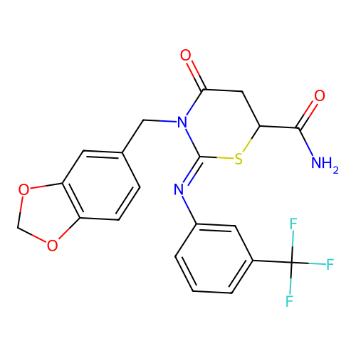 (2Z)-3-(1,3-benzodioxol-5-ylmethyl)-4-oxo-2-{[3-(trifluoromethyl)phenyl]imino}-1,3-thiazinane-6-carboxamide structure