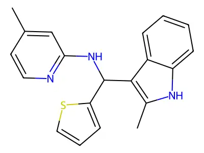 4-methyl-N-((2-methyl-1H-indol-3-yl)(thiophen-2-yl)methyl)pyridin-2-amine structure
