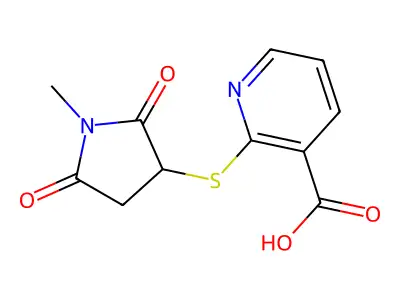 2-((1-Methyl-2,5-dioxopyrrolidin-3-yl)thio)nicotinic acid structure