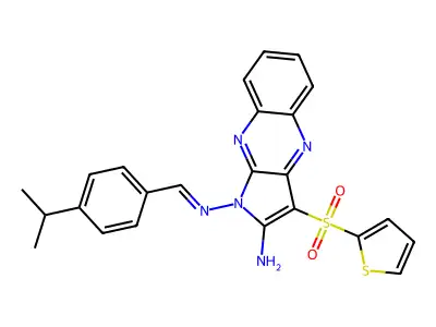 1-[(4-propan-2-ylphenyl)methylideneamino]-3-thiophen-2-ylsulfonylpyrrolo[3,2-b]quinoxalin-2-amine structure