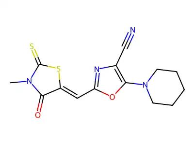 2-[(3-Methyl-4-oxo-2-sulfanylidene-1,3-thiazolidin-5-ylidene)methyl]-5-(piperidin-1-yl)-1,3-oxazole-4-carbonitrile structure