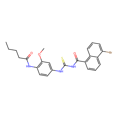 5-bromo-N-((3-methoxy-4-pentanamidophenyl)carbamothioyl)-1-naphthamide structure