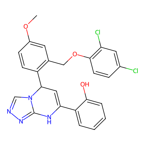 2-(5-(2-((2,4-dichlorophenoxy)methyl)-4-methoxyphenyl)-5,8-dihydro-[1,2,4]triazolo[4,3-a]pyrimidin-7-yl)phenol structure