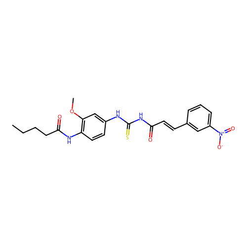 N-[2-methoxy-4-[[(E)-3-(3-nitrophenyl)prop-2-enoyl]carbamothioylamino]phenyl]pentanamide structure