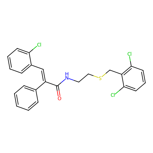 (2E)-3-(2-chlorophenyl)-N-{2-[(2,6-dichlorobenzyl)sulfanyl]ethyl}-2-phenylprop-2-enamide structure
