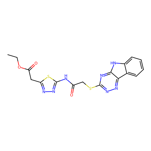 ethyl (5-{[(5H-[1,2,4]triazino[5,6-b]indol-3-ylsulfanyl)acetyl]amino}-1,3,4-thiadiazol-2-yl)acetate structure