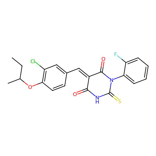(5E)-5-[4-(butan-2-yloxy)-3-chlorobenzylidene]-1-(2-fluorophenyl)-2-thioxodihydropyrimidine-4,6(1H,5H)-dione structure