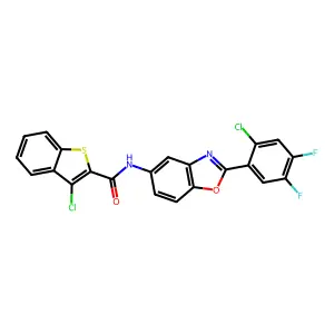3-chloro-N-[2-(2-chloro-4,5-difluorophenyl)-1,3-benzoxazol-5-yl]-1-benzothiophene-2-carboxamide structure