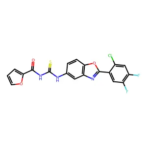 N-[[2-(2-chloro-4,5-difluorophenyl)-1,3-benzoxazol-5-yl]carbamothioyl]furan-2-carboxamide structure
