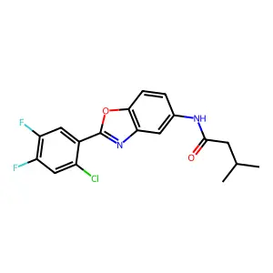 N-[2-(2-chloro-4,5-difluorophenyl)-1,3-benzoxazol-5-yl]-3-methylbutanamide structure
