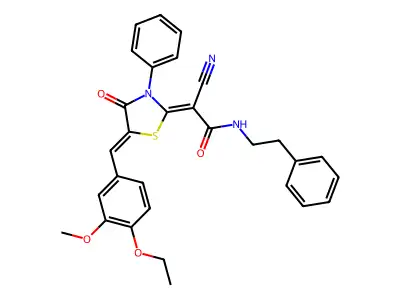 2-cyano-2-[5-[(4-ethoxy-3-methoxyphenyl)methylidene]-4-oxo-3-phenyl-1,3-thiazolidin-2-ylidene]-N-(2-phenylethyl)acetamide structure