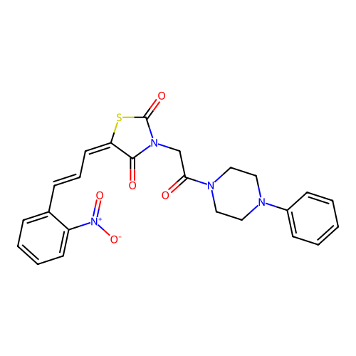 (5E)-5-[(2E)-3-(2-nitrophenyl)prop-2-en-1-ylidene]-3-[2-oxo-2-(4-phenylpiperazin-1-yl)ethyl]-1,3-thiazolidine-2,4-dione structure