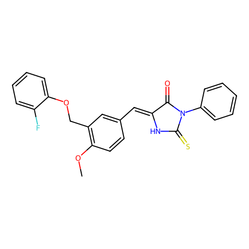 (Z)-5-(3-((2-fluorophenoxy)methyl)-4-methoxybenzylidene)-3-phenyl-2-thioxoimidazolidin-4-one structure