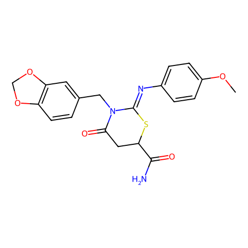 (2Z)-3-(1,3-benzodioxol-5-ylmethyl)-2-[(4-methoxyphenyl)imino]-4-oxo-1,3-thiazinane-6-carboxamide structure