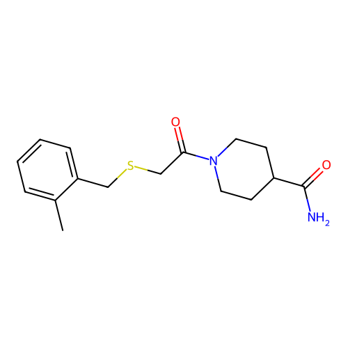 1-{[(2-Methylbenzyl)sulfanyl]acetyl}piperidine-4-carboxamide structure
