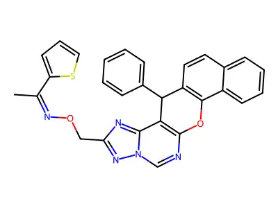 N-[(14-Phenyl-14H-naphtho[2',1':5,6]pyrano[3,2-e][1,2,4]triazolo[1,5-c]pyrimidin-2-yl)methoxy]-1-(thiophen-2-yl)ethan-1-imine structure