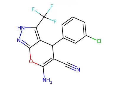 6-amino-4-(3-chlorophenyl)-3-(trifluoromethyl)-2,4-dihydropyrano[2,3-c]pyrazole-5-carbonitrile structure
