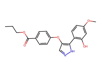 propyl 4-((3-(2-hydroxy-4-methoxyphenyl)-1H-pyrazol-4-yl)oxy)benzoate structure
