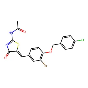 N-[(5Z)-5-[[3-bromo-4-[(4-chlorophenyl)methoxy]phenyl]methylidene]-4-oxo-1,3-thiazol-2-yl]acetamide structure