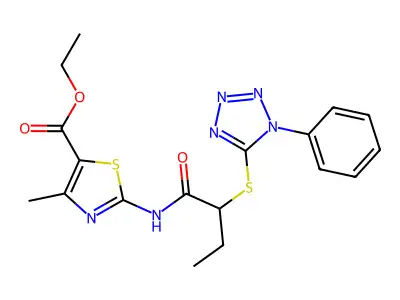 Ethyl 4-methyl-2-[2-(1-phenyltetrazol-5-yl)sulfanylbutanoylamino]-1,3-thiazole-5-carboxylate structure