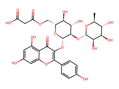 Kaempferol 3-O-(2''-O-alpha-rhamnosyl-6''-O-malonyl-beta-glucoside) structure
