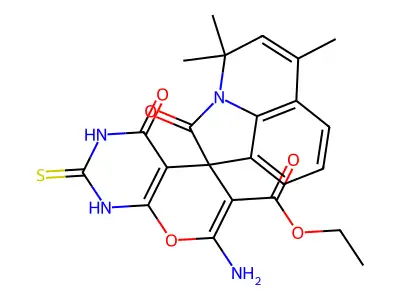 ethyl 7'-amino-9,11,11-trimethyl-2,4'-dioxo-2'-sulfanylidenespiro[1-azatricyclo[6.3.1.04,12]dodeca-4,6,8(12),9-tetraene-3,5'-1H-pyrano[2,3-d]pyrimidine]-6'-carboxylate structure