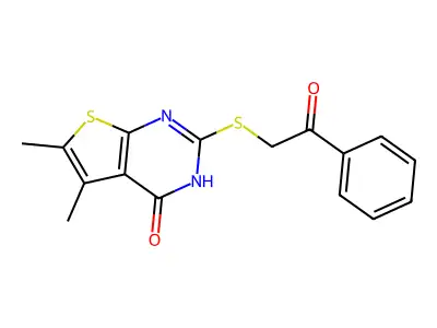 5,6-dimethyl-2-phenacylsulfanyl-3H-thieno[2,3-d]pyrimidin-4-one structure