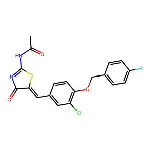 N-[(5Z)-5-[[3-chloro-4-[(4-fluorophenyl)methoxy]phenyl]methylidene]-4-oxo-1,3-thiazol-2-yl]acetamide structure