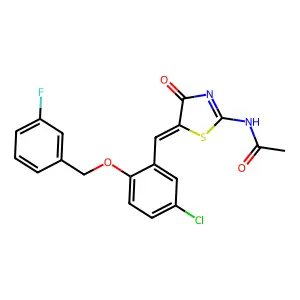 N-[(5Z)-5-[[5-chloro-2-[(3-fluorophenyl)methoxy]phenyl]methylidene]-4-oxo-1,3-thiazol-2-yl]acetamide structure