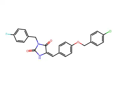 (5E)-5-[[4-[(4-chlorophenyl)methoxy]phenyl]methylidene]-3-[(4-fluorophenyl)methyl]imidazolidine-2,4-dione structure