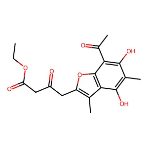 Ethyl 4-(7-acetyl-4,6-dihydroxy-3,5-dimethyl-1-benzofuran-2-yl)-3-oxobutanoate structure