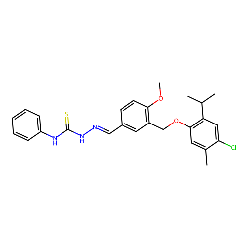 (2E)-2-(3-{[4-chloro-5-methyl-2-(propan-2-yl)phenoxy]methyl}-4-methoxybenzylidene)-N-phenylhydrazinecarbothioamide structure