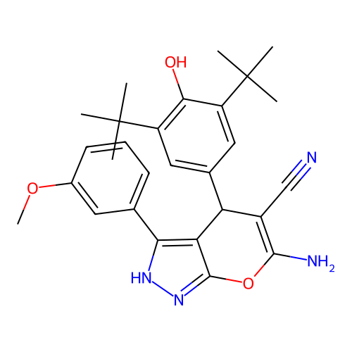 6-amino-4-(3,5-ditert-butyl-4-hydroxyphenyl)-3-(3-methoxyphenyl)-2,4-dihydropyrano[2,3-c]pyrazole-5-carbonitrile structure